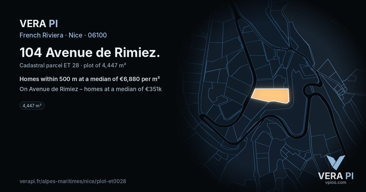 104 Avenue de Rimiez, Nice at night – the plot lit, the parcels around coloured by the prices near them
