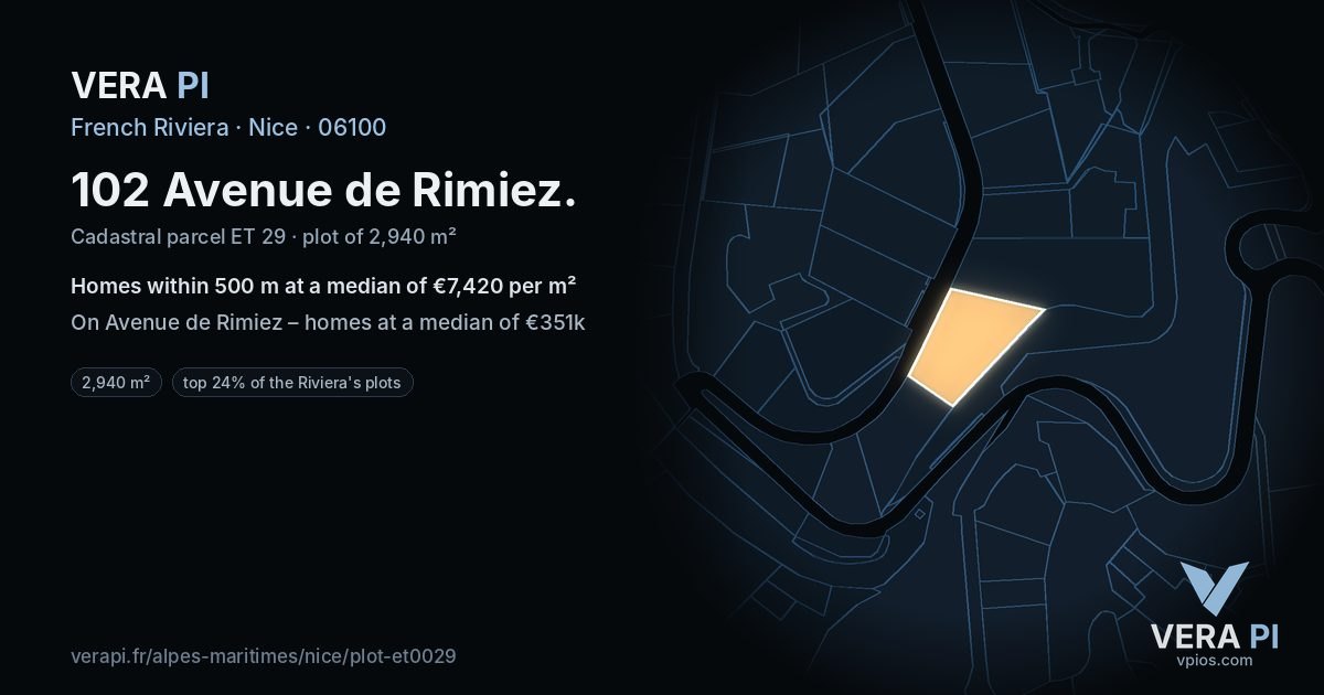 102 Avenue de Rimiez, Nice at night – the plot lit, the parcels around coloured by the prices near them