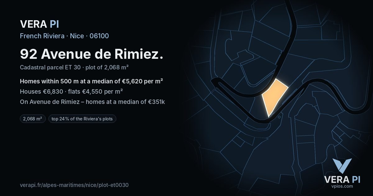 92 Avenue de Rimiez, Nice at night – the plot lit, the parcels around coloured by the prices near them