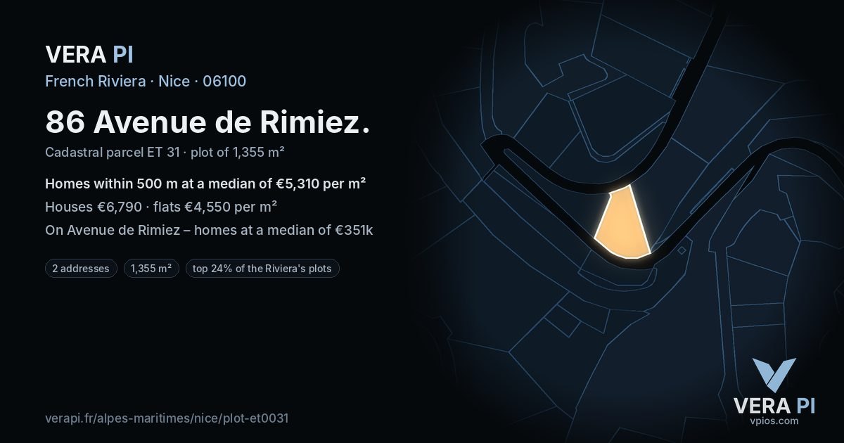 86 Avenue de Rimiez, Nice at night – the plot lit, the parcels around coloured by the prices near them