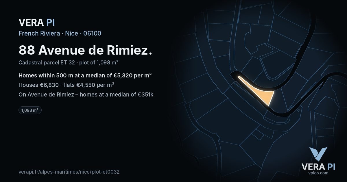 88 Avenue de Rimiez, Nice at night – the plot lit, the parcels around coloured by the prices near them