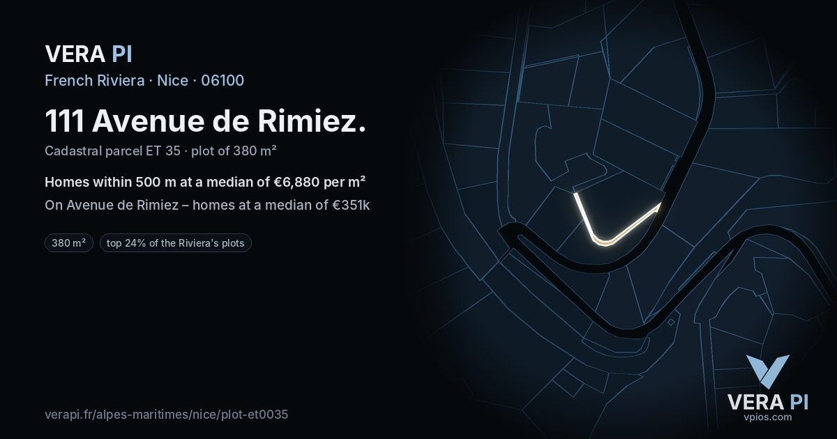 111 Avenue de Rimiez, Nice at night – the plot lit, the parcels around coloured by the prices near them