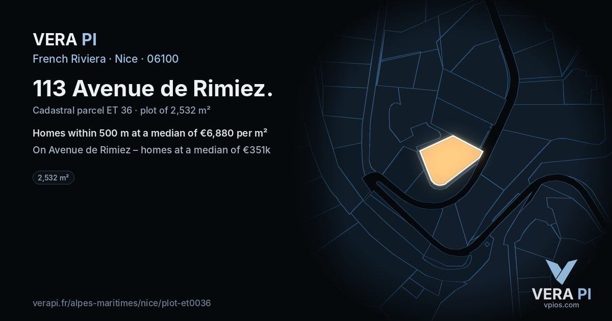 113 Avenue de Rimiez, Nice at night – the plot lit, the parcels around coloured by the prices near them