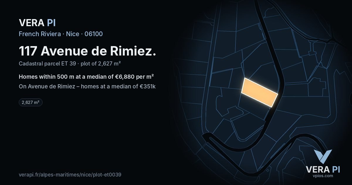 117 Avenue de Rimiez, Nice at night – the plot lit, the parcels around coloured by the prices near them