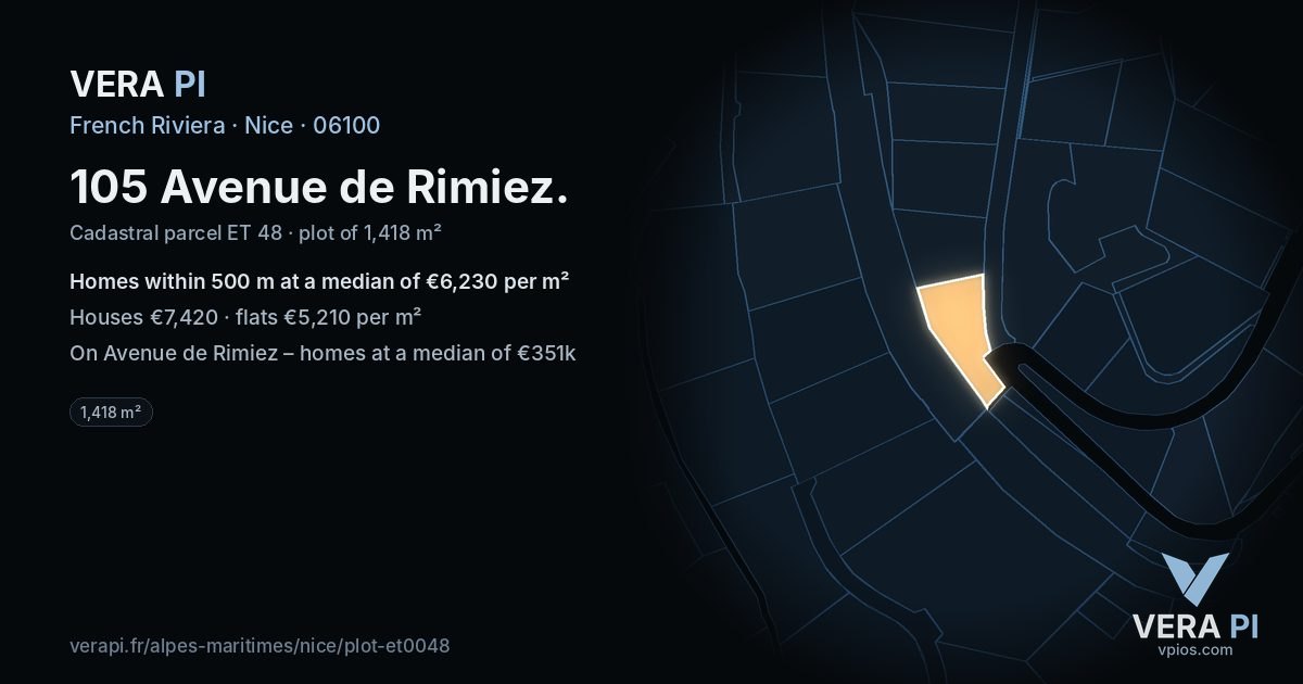 105 Avenue de Rimiez, Nice at night – the plot lit, the parcels around coloured by the prices near them