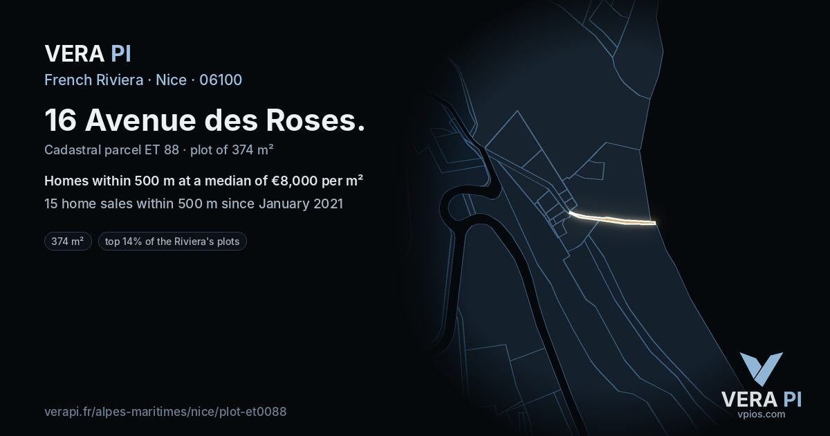 16 Avenue des Roses, Nice at night – the plot lit, the parcels around coloured by the prices near them