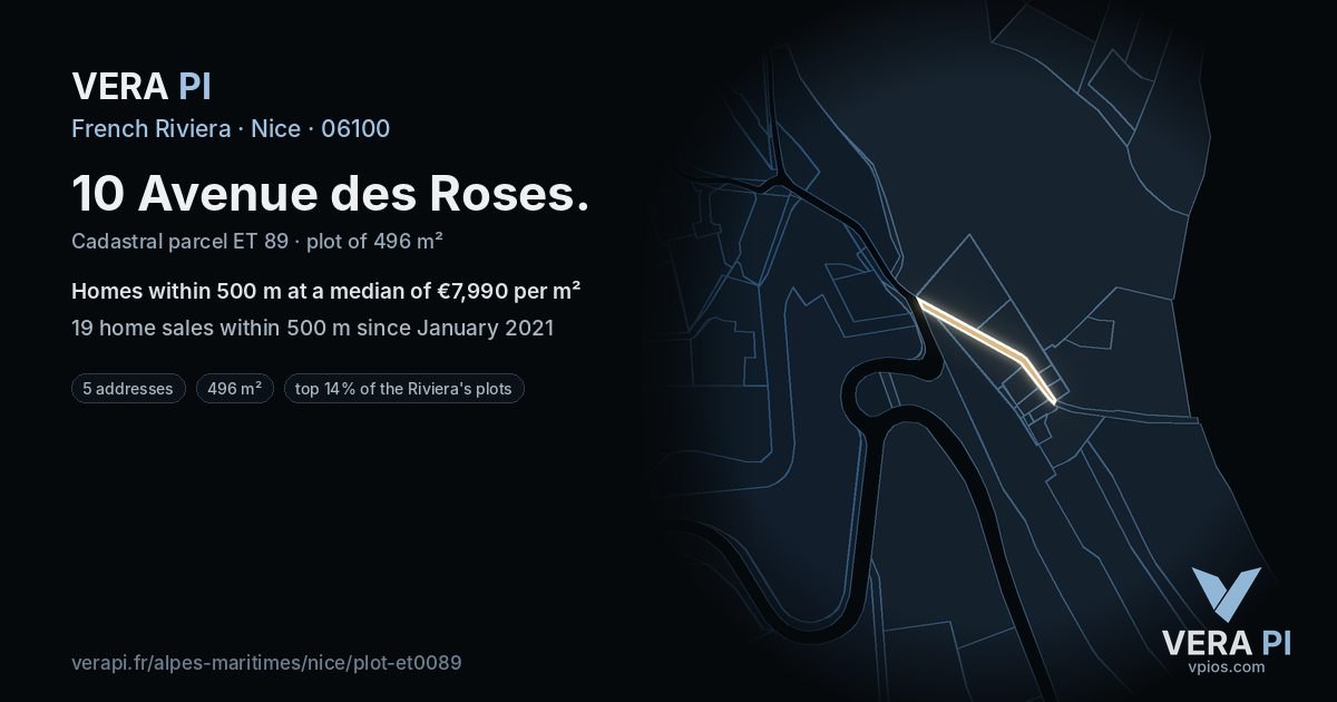10 Avenue des Roses, Nice at night – the plot lit, the parcels around coloured by the prices near them