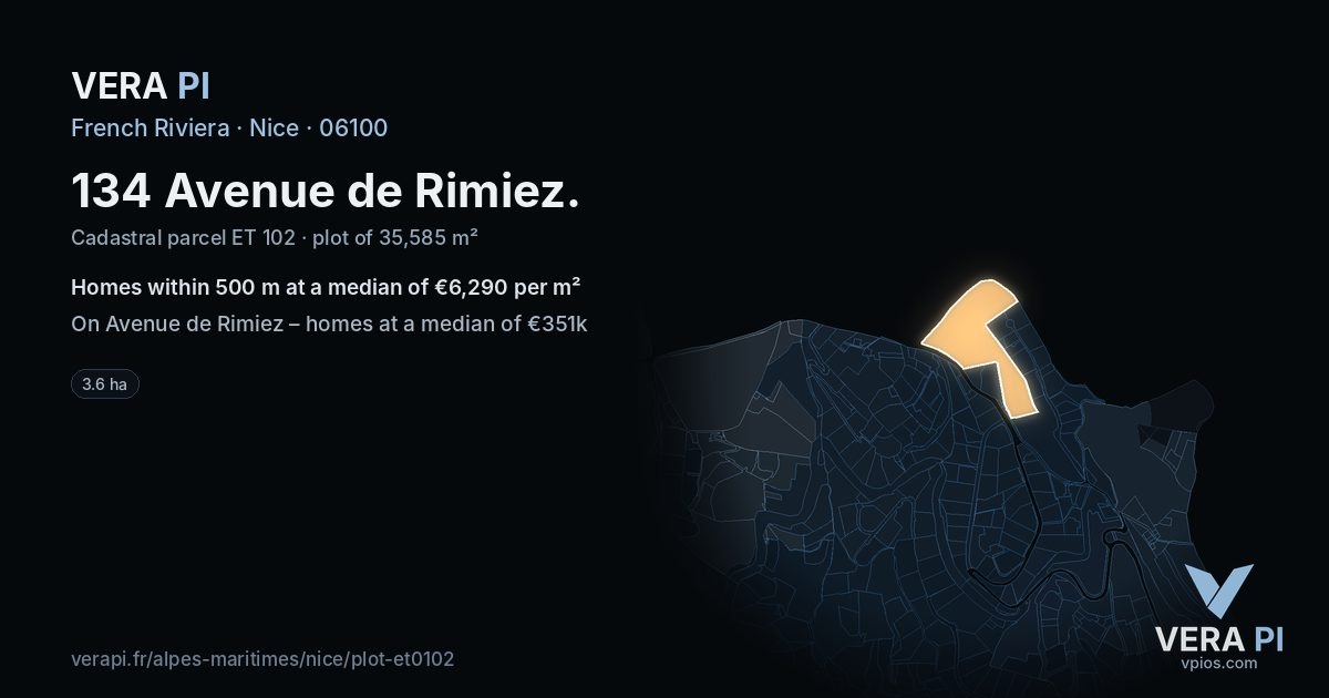 134 Avenue de Rimiez, Nice at night – the plot lit, the parcels around coloured by the prices near them