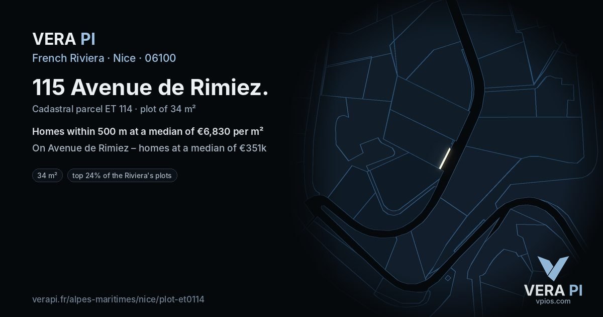 115 Avenue de Rimiez, Nice at night – the plot lit, the parcels around coloured by the prices near them