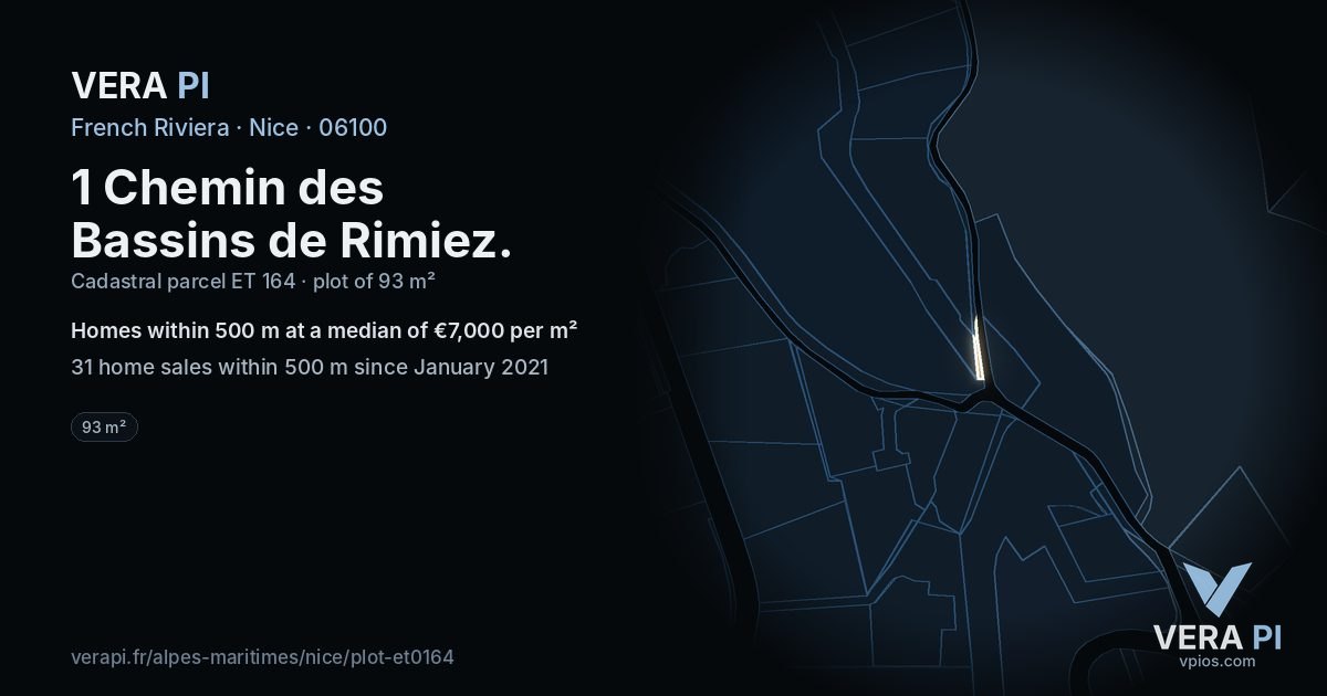 1 Chemin des Bassins de Rimiez, Nice at night – the plot lit, the parcels around coloured by the prices near them