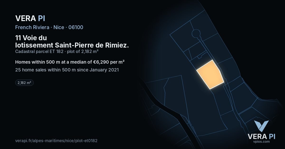 11 Voie du lotissement Saint-Pierre de Rimiez, Nice at night – the plot lit, the parcels around coloured by the prices near them
