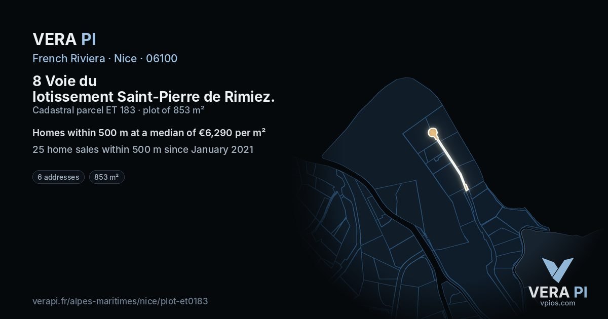 8 Voie du lotissement Saint-Pierre de Rimiez, Nice at night – the plot lit, the parcels around coloured by the prices near them