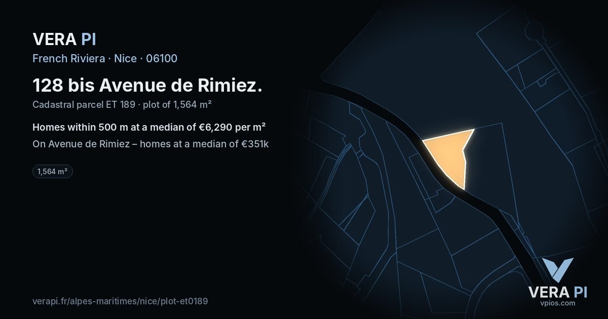 128 bis Avenue de Rimiez, Nice at night – the plot lit, the parcels around coloured by the prices near them