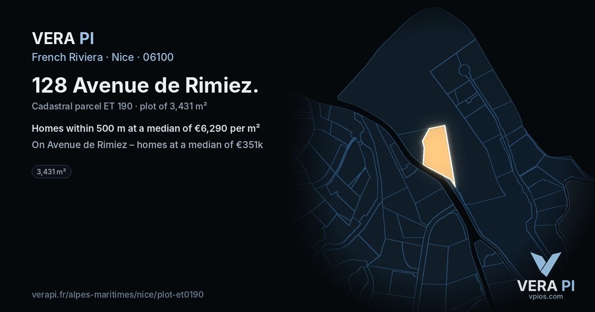 128 Avenue de Rimiez, Nice at night – the plot lit, the parcels around coloured by the prices near them