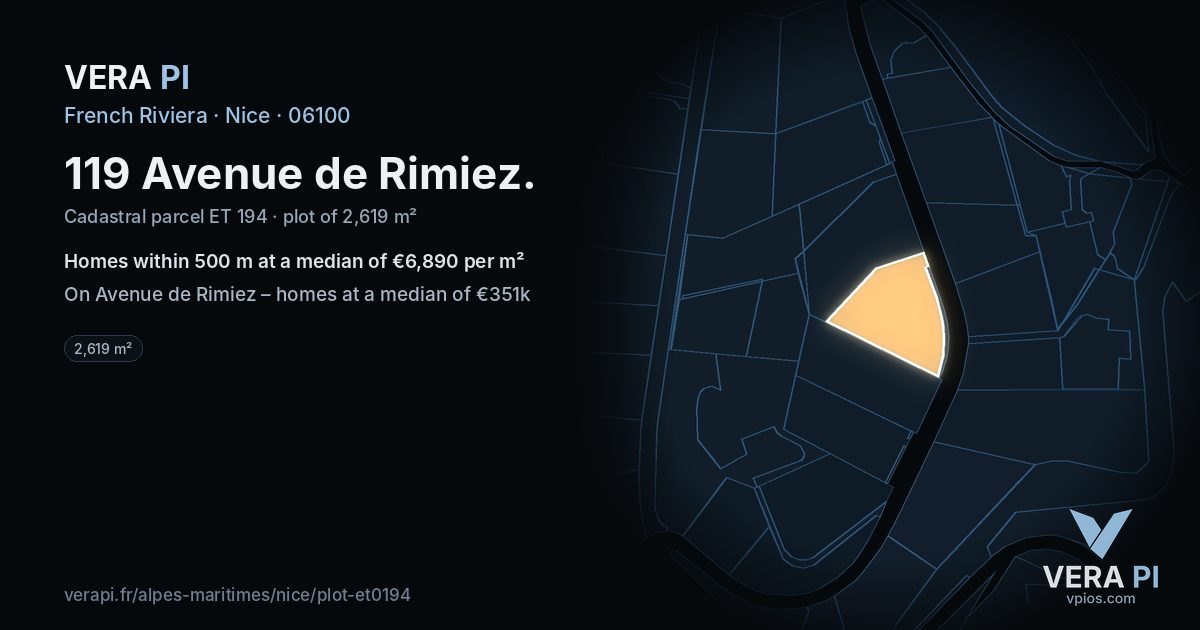 119 Avenue de Rimiez, Nice at night – the plot lit, the parcels around coloured by the prices near them