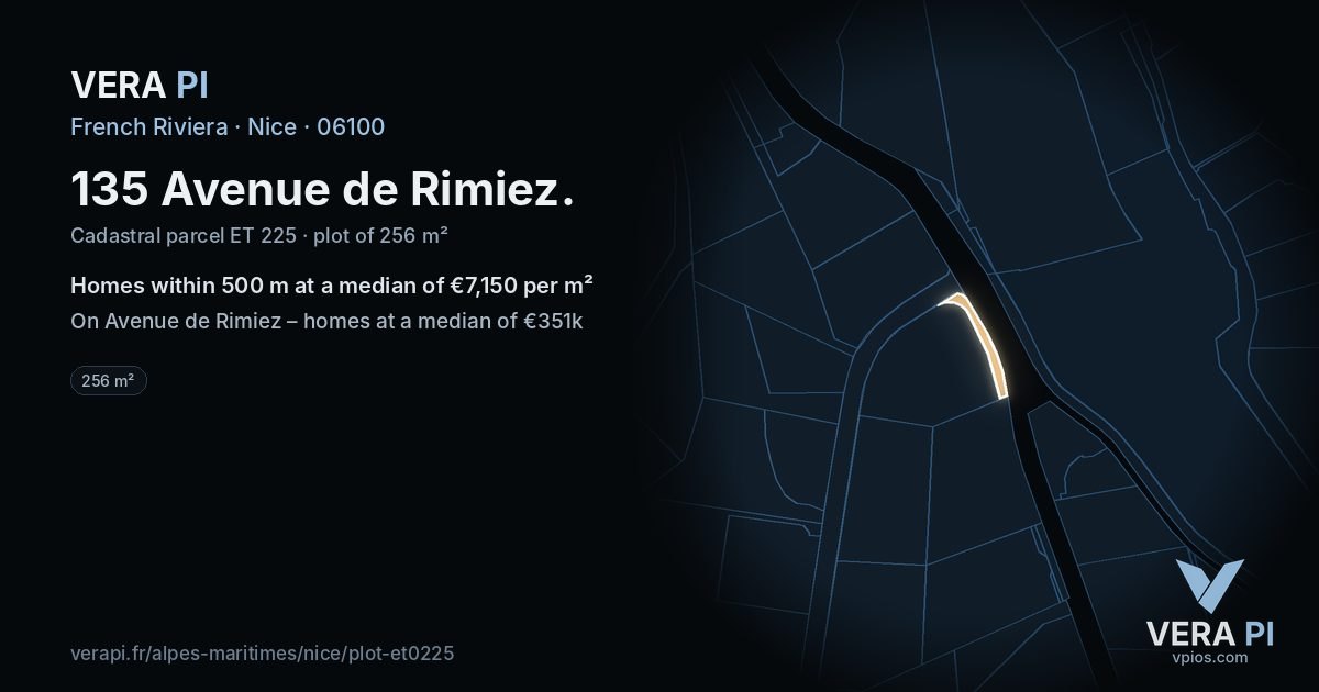 135 Avenue de Rimiez, Nice at night – the plot lit, the parcels around coloured by the prices near them