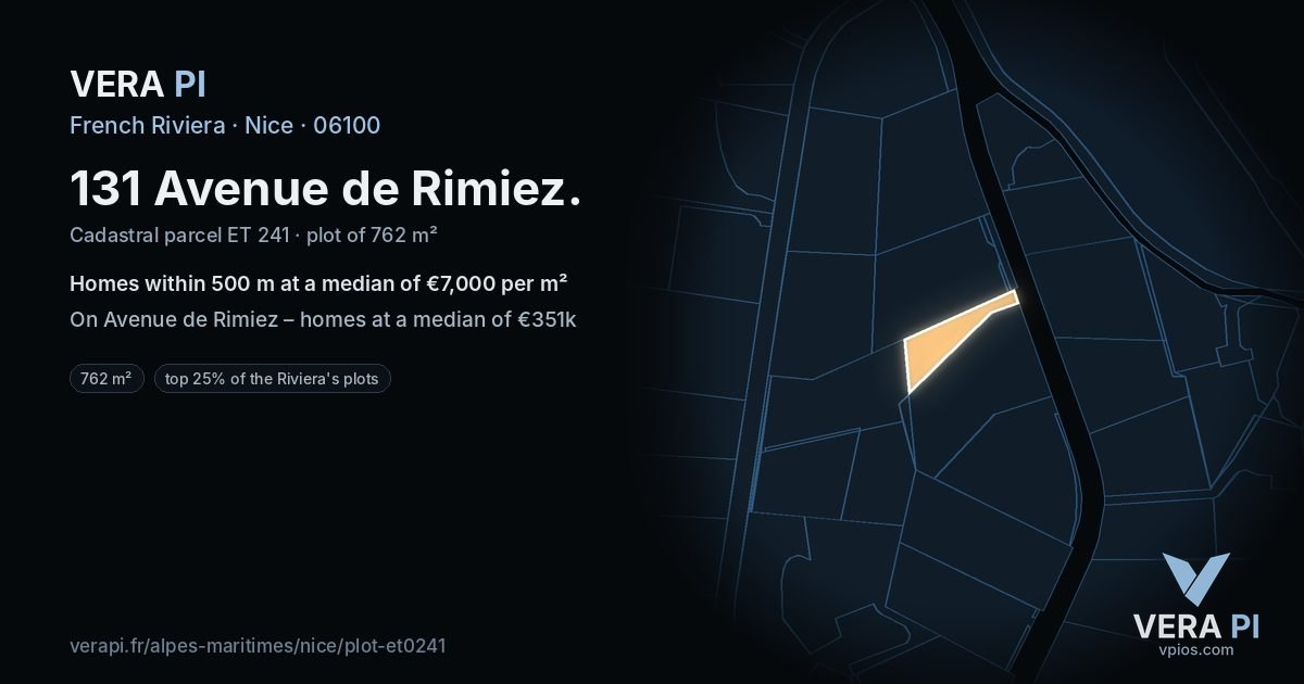 131 Avenue de Rimiez, Nice at night – the plot lit, the parcels around coloured by the prices near them