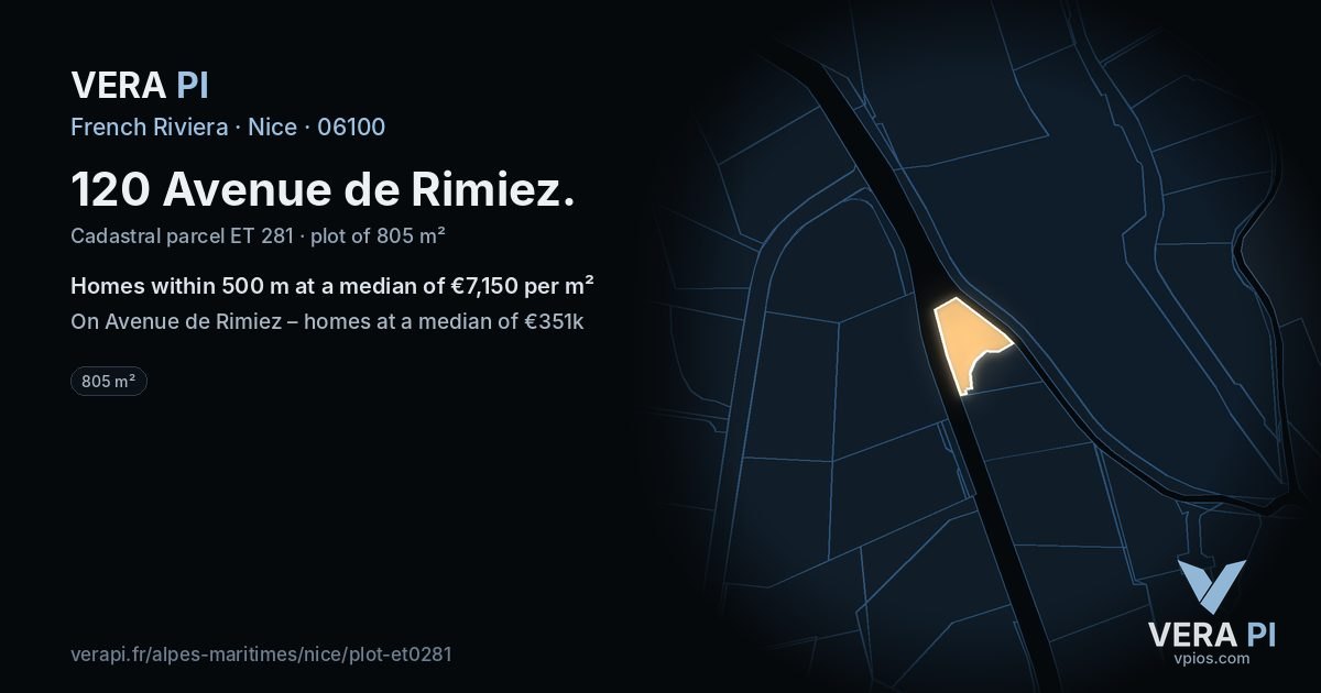 120 Avenue de Rimiez, Nice at night – the plot lit, the parcels around coloured by the prices near them
