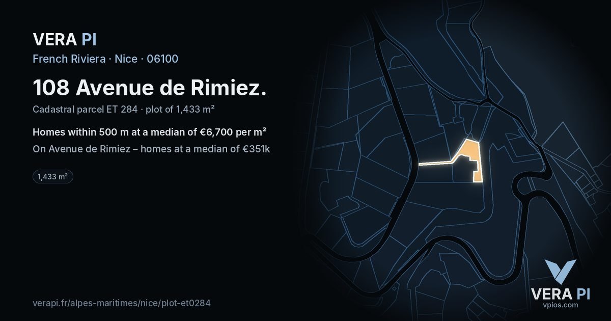 108 Avenue de Rimiez, Nice at night – the plot lit, the parcels around coloured by the prices near them