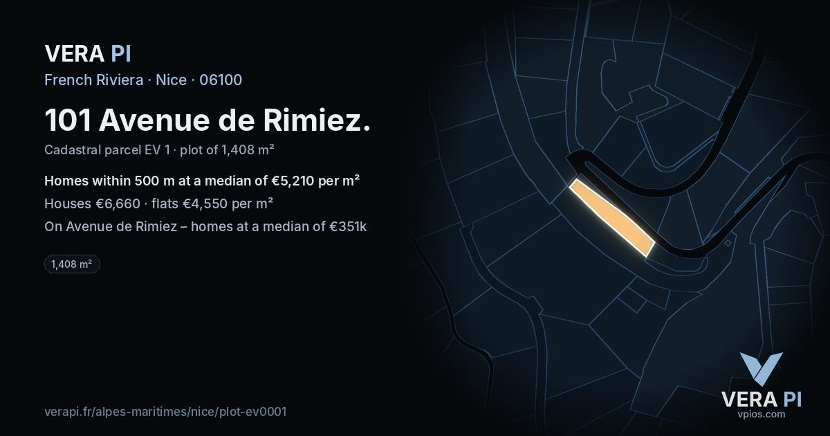101 Avenue de Rimiez, Nice at night – the plot lit, the parcels around coloured by the prices near them