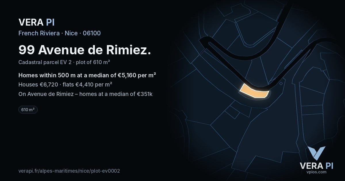 99 Avenue de Rimiez, Nice at night – the plot lit, the parcels around coloured by the prices near them