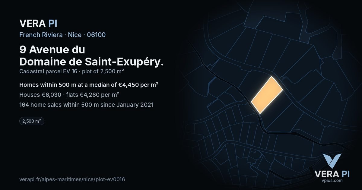 9 Avenue du Domaine de Saint-Exupéry, Nice at night – the plot lit, the parcels around coloured by the prices near them