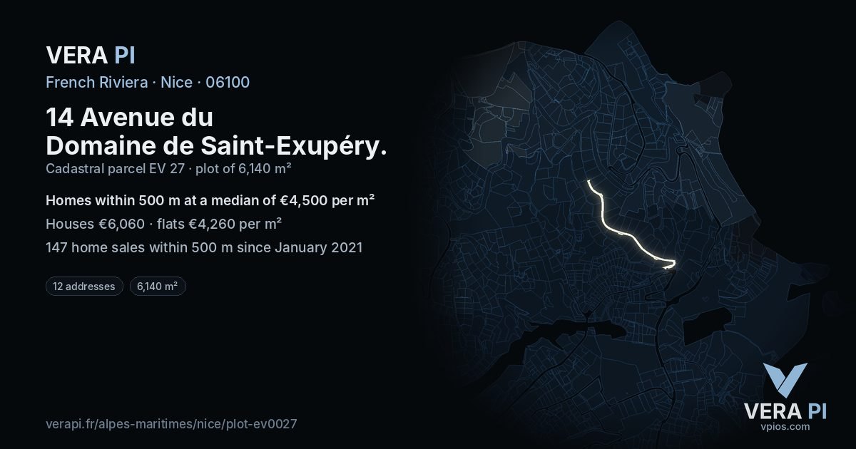 14 Avenue du Domaine de Saint-Exupéry, Nice at night – the plot lit, the parcels around coloured by the prices near them