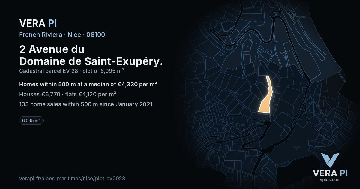 2 Avenue du Domaine de Saint-Exupéry, Nice at night – the plot lit, the parcels around coloured by the prices near them