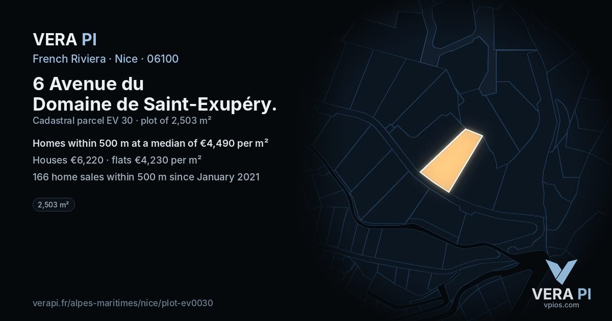 6 Avenue du Domaine de Saint-Exupéry, Nice at night – the plot lit, the parcels around coloured by the prices near them