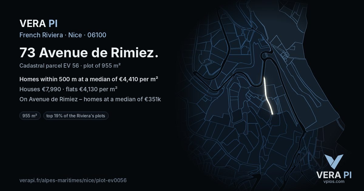 73 Avenue de Rimiez, Nice at night – the plot lit, the parcels around coloured by the prices near them