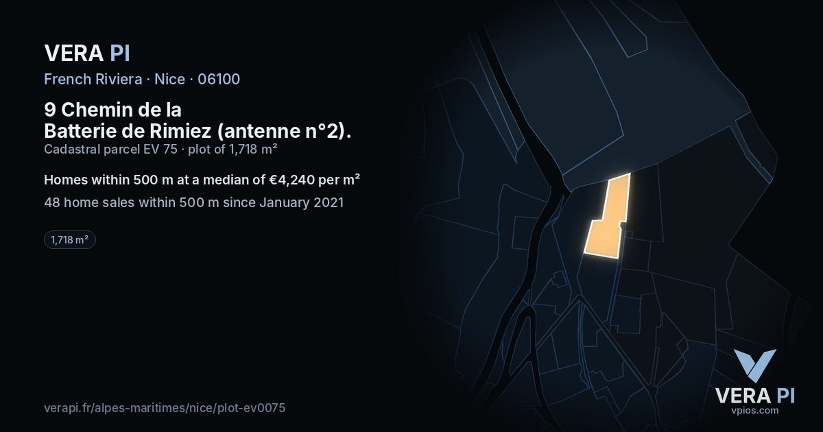 9 Chemin de la Batterie de Rimiez (antenne n°2), Nice at night – the plot lit, the parcels around coloured by the prices near them