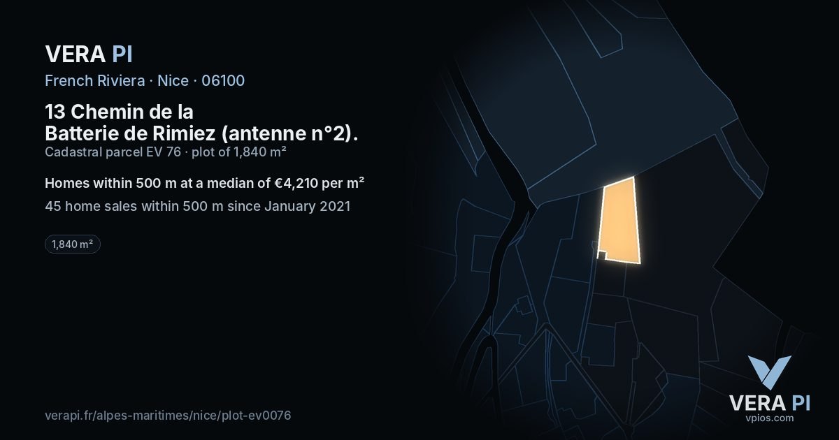 13 Chemin de la Batterie de Rimiez (antenne n°2), Nice at night – the plot lit, the parcels around coloured by the prices near them