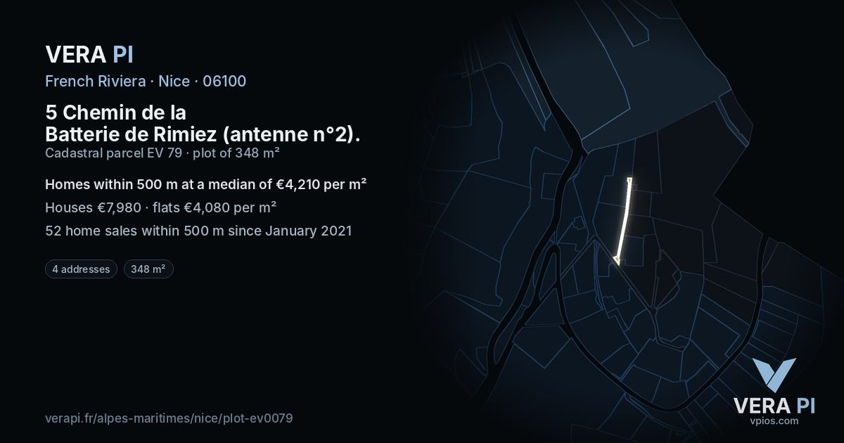 5 Chemin de la Batterie de Rimiez (antenne n°2), Nice at night – the plot lit, the parcels around coloured by the prices near them