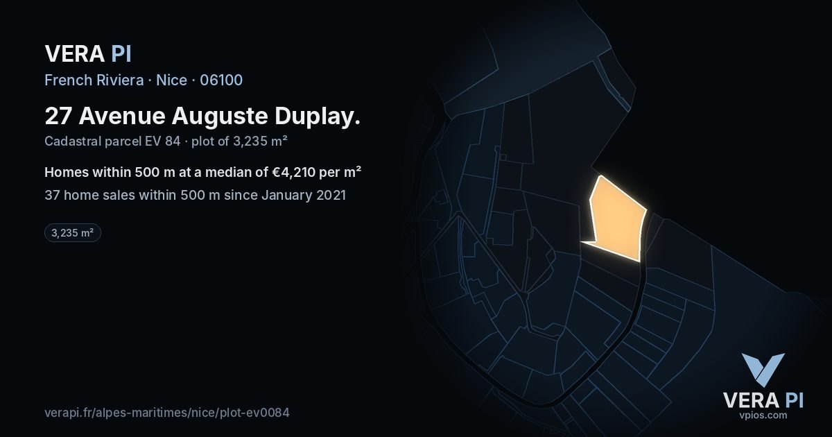 27 Avenue Auguste Duplay, Nice at night – the plot lit, the parcels around coloured by the prices near them