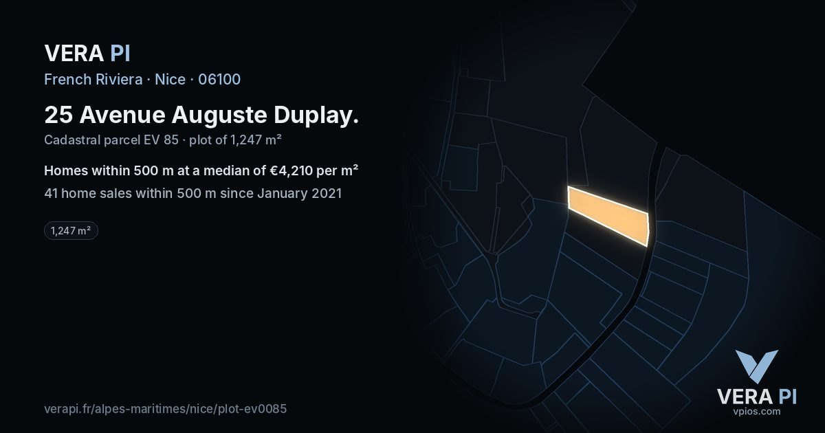 25 Avenue Auguste Duplay, Nice at night – the plot lit, the parcels around coloured by the prices near them