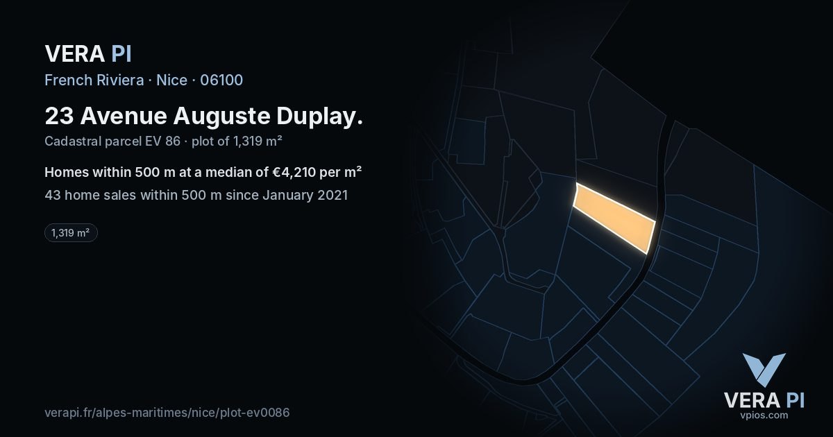 23 Avenue Auguste Duplay, Nice at night – the plot lit, the parcels around coloured by the prices near them