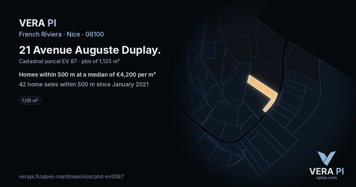 21 Avenue Auguste Duplay, Nice at night – the plot lit, the parcels around coloured by the prices near them