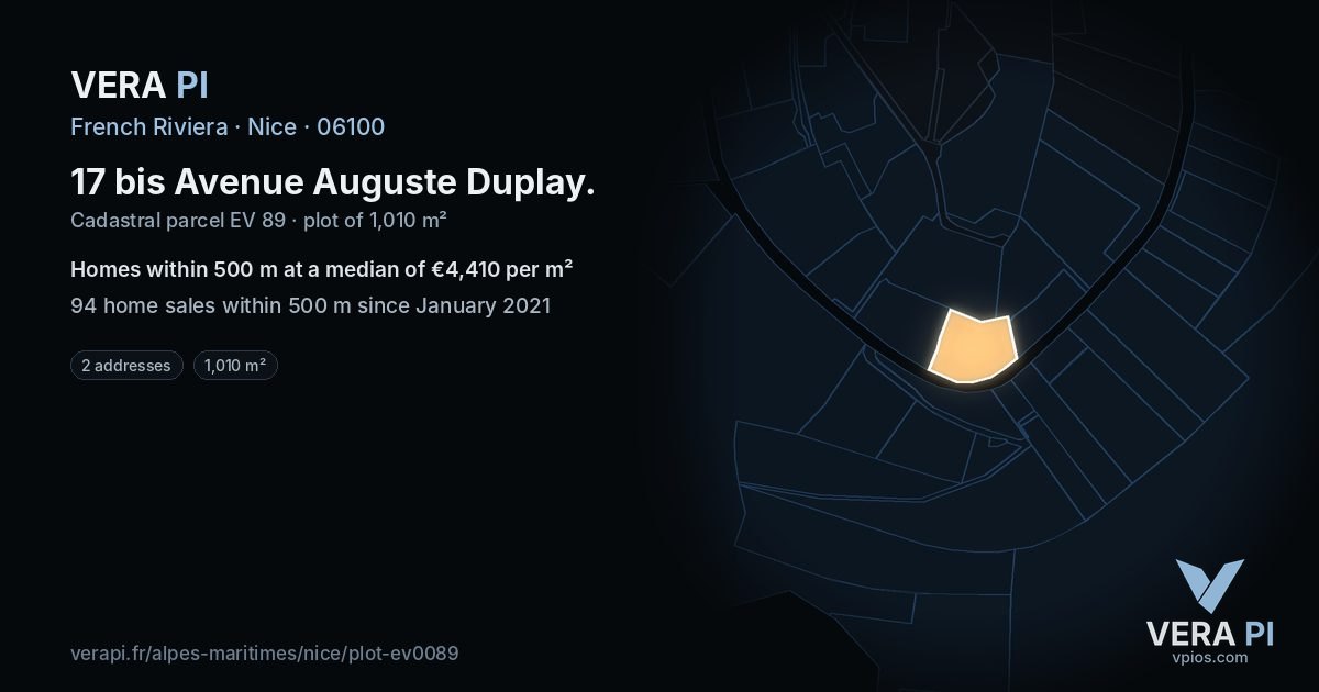 17 bis Avenue Auguste Duplay, Nice at night – the plot lit, the parcels around coloured by the prices near them