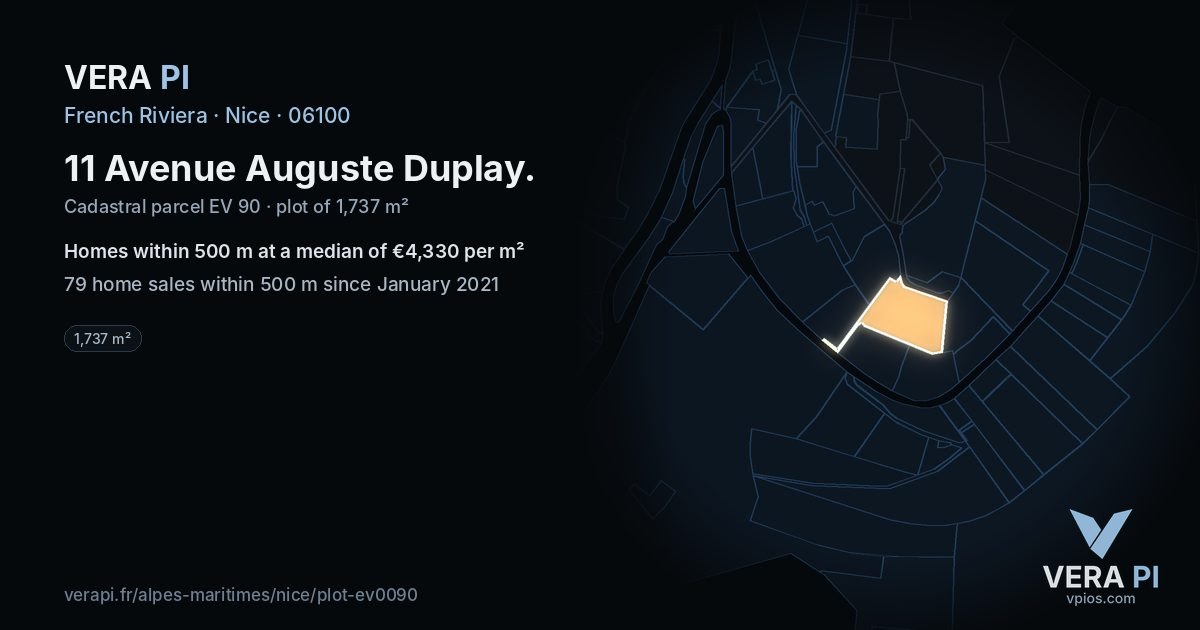 11 Avenue Auguste Duplay, Nice at night – the plot lit, the parcels around coloured by the prices near them