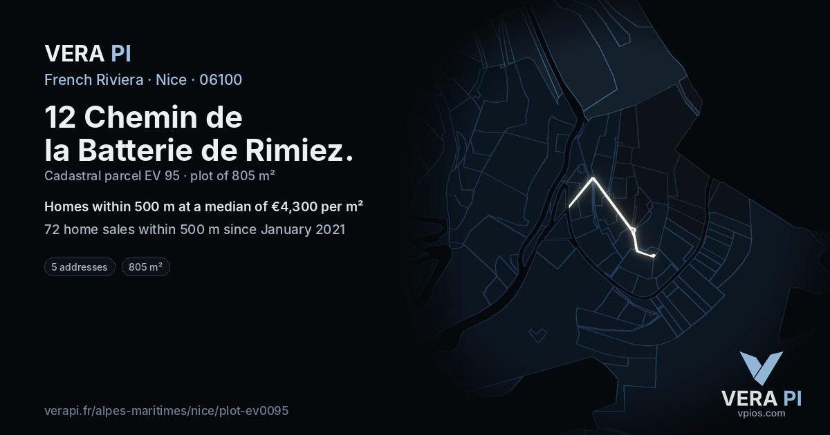 12 Chemin de la Batterie de Rimiez, Nice at night – the plot lit, the parcels around coloured by the prices near them