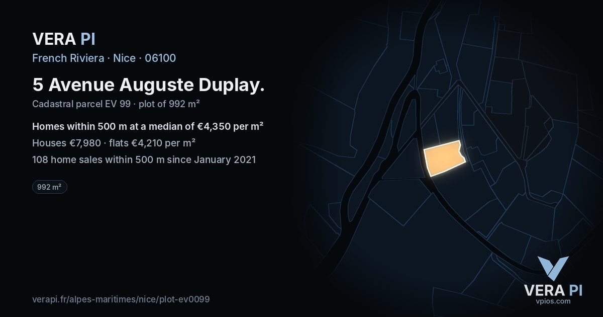 5 Avenue Auguste Duplay, Nice at night – the plot lit, the parcels around coloured by the prices near them