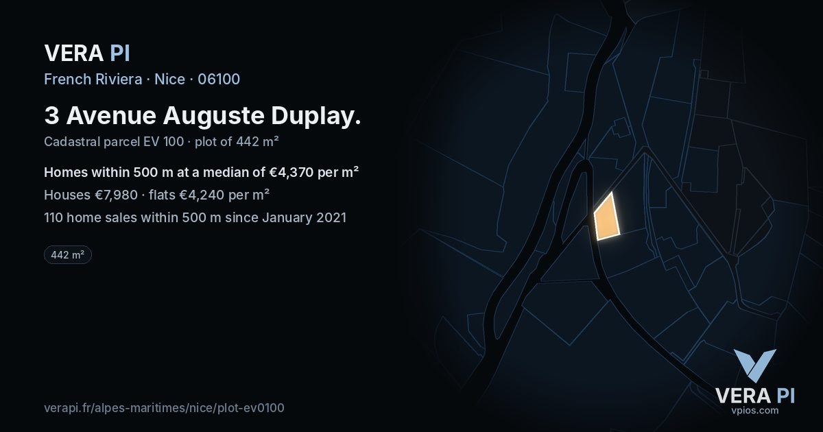 3 Avenue Auguste Duplay, Nice at night – the plot lit, the parcels around coloured by the prices near them