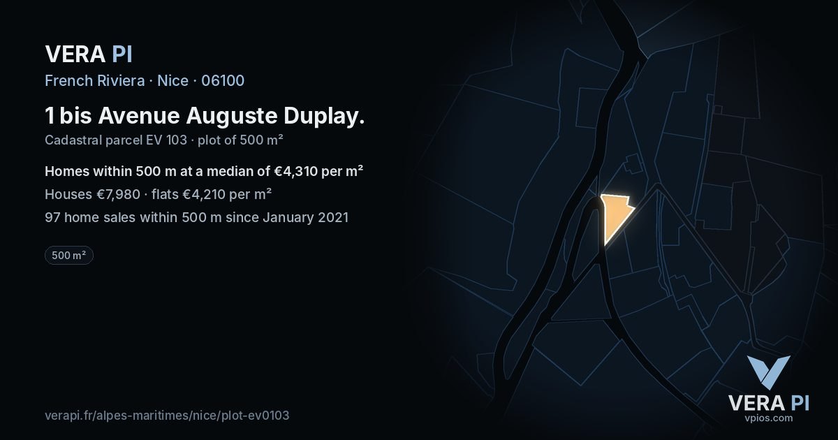 1 bis Avenue Auguste Duplay, Nice at night – the plot lit, the parcels around coloured by the prices near them