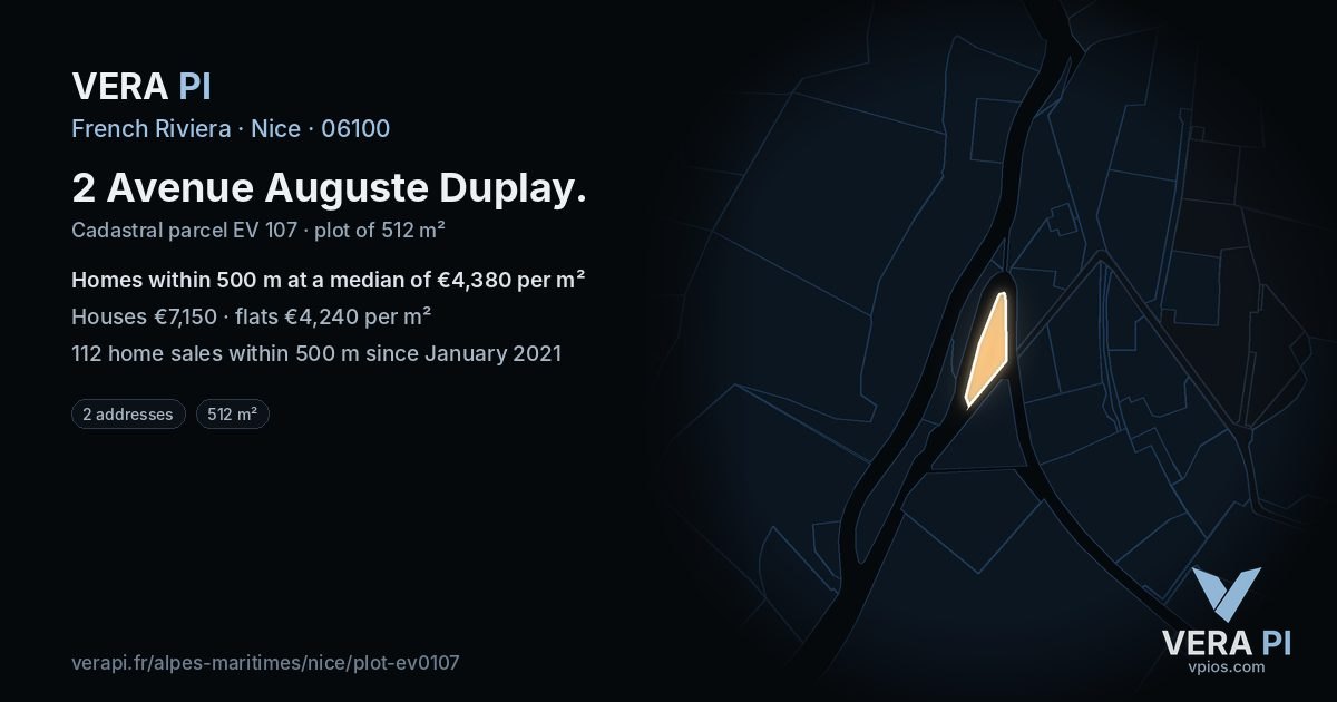 2 Avenue Auguste Duplay, Nice at night – the plot lit, the parcels around coloured by the prices near them