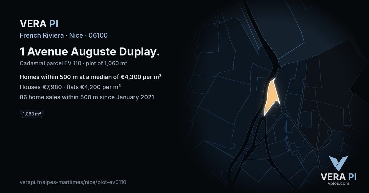 1 Avenue Auguste Duplay, Nice at night – the plot lit, the parcels around coloured by the prices near them