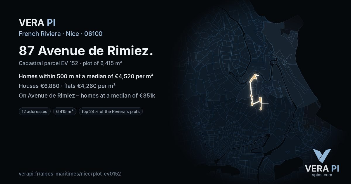87 Avenue de Rimiez, Nice at night – the plot lit, the parcels around coloured by the prices near them