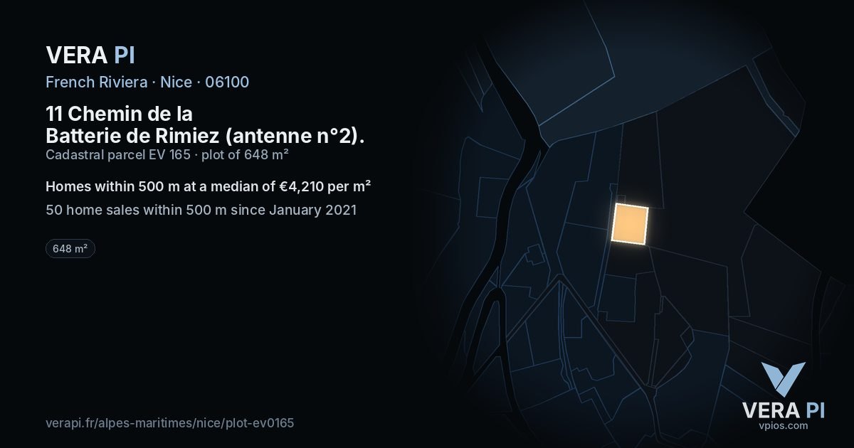 11 Chemin de la Batterie de Rimiez (antenne n°2), Nice at night – the plot lit, the parcels around coloured by the prices near them