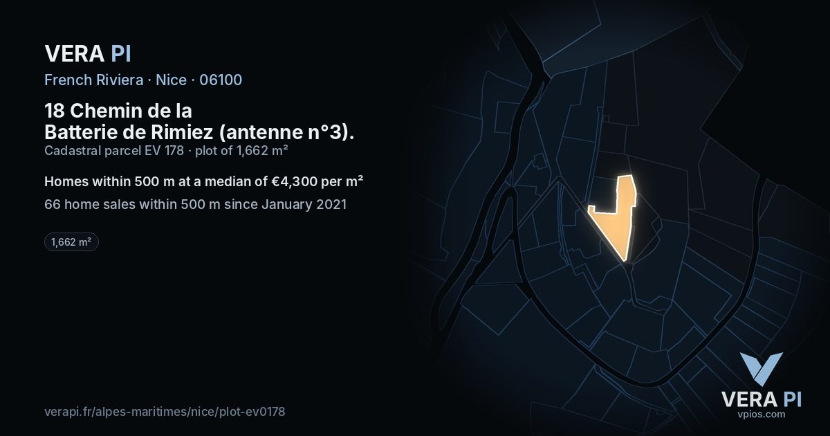 18 Chemin de la Batterie de Rimiez (antenne n°3), Nice at night – the plot lit, the parcels around coloured by the prices near them