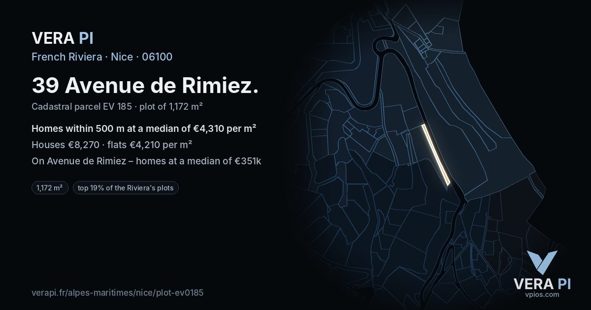 39 Avenue de Rimiez, Nice at night – the plot lit, the parcels around coloured by the prices near them