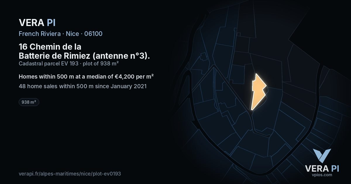 16 Chemin de la Batterie de Rimiez (antenne n°3), Nice at night – the plot lit, the parcels around coloured by the prices near them